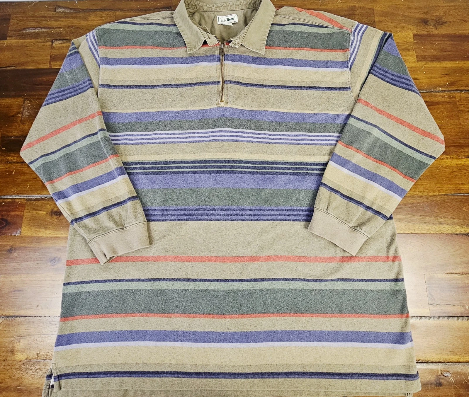 Vintage LL Bean 1/4 Zip Shirt Mens 2XLT TALL Striped Cotton Long Sleeve Outdoors