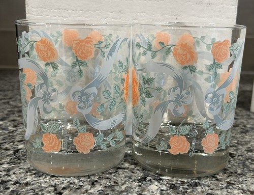 Georges Briard Flowers And Ribbons Pink/Blue Old Fashioned Glasses (set of 4) - Picture 4 of 9