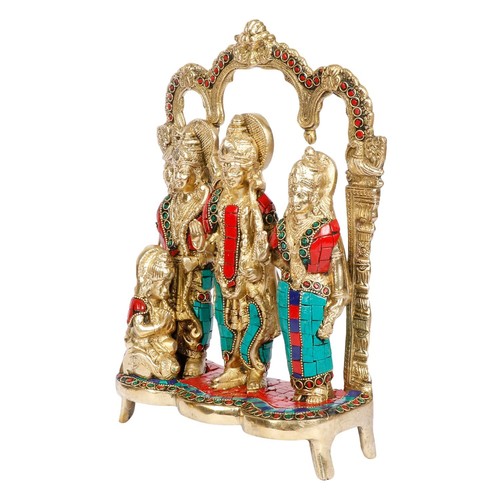 Brass Ram Darbar Statue Rama Sita Lakshman Hanuman Idol Stone Work 11 Inch - Picture 3 of 5