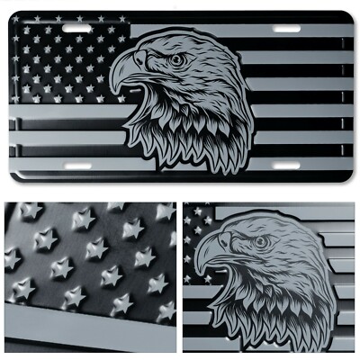 USA Flag with American Eagle License Plate. Embossed Aluminum Black & Cool Grey