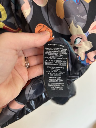 Members Only Space Jam High Shine Black Puffer Jacket L Zip Looney Tunes Print - Picture 10 of 11