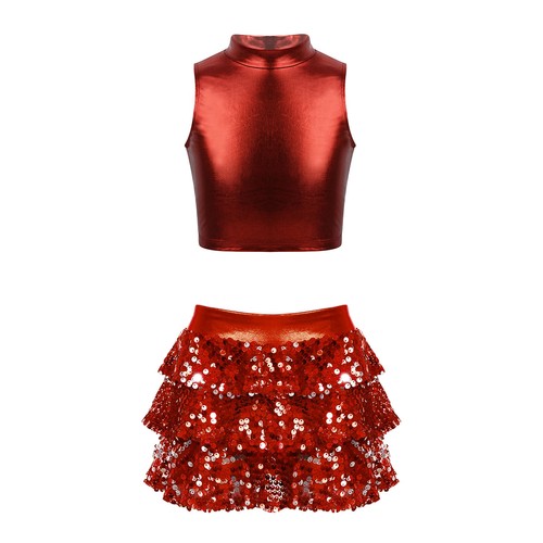 Kids Girls Ballet Dance Dress 2-Piece Metallic Shiny Lyrical Latin Dancewear - Picture 29 of 39