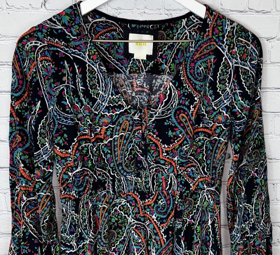 ANTHROPOLOGIE Women’s Maeve Maplewood Blue Paisley V-Neck Dress Size ...