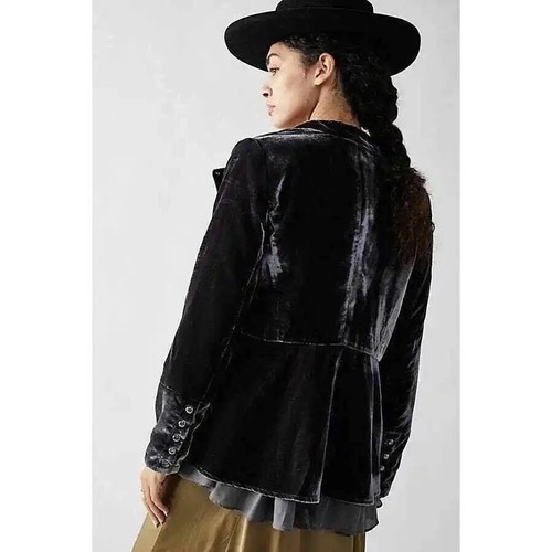 New Free People Jacket Velvet Xs Crop Asymmetrical Button Ebony NEW - Picture 4 of 4