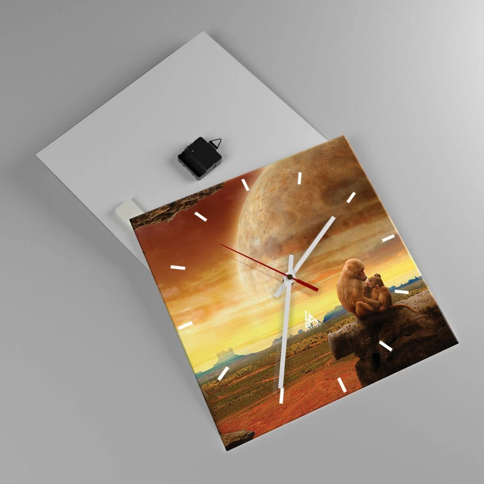 Modern Wanduhr 40x40cm Quadrat Analog Glasuhr Affen Mutter Natur Berg Art Glas - Bild 2 von 4