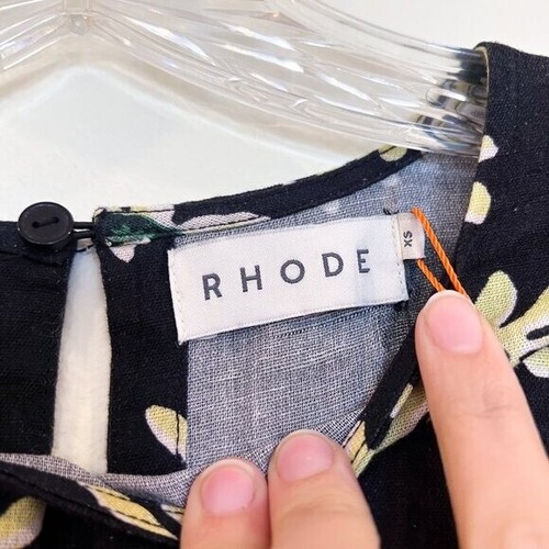 Rhode Linen Blend Black Yellow Daisy Print Tie Waist Designer Mini Sun Dress XS - Picture 7 of 10