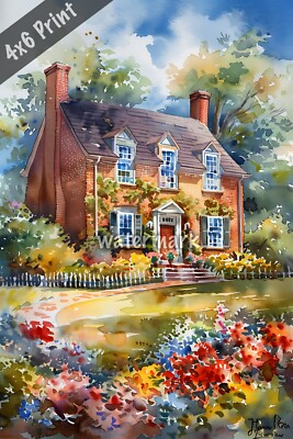 Colonial home with flower garden watercolor Art 4x6 Print