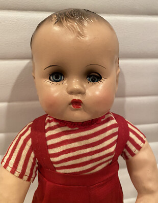 Antique Adorable Rubber Doll Plastic Face 12'' Baby Boy Sleep-Eyes Dressed