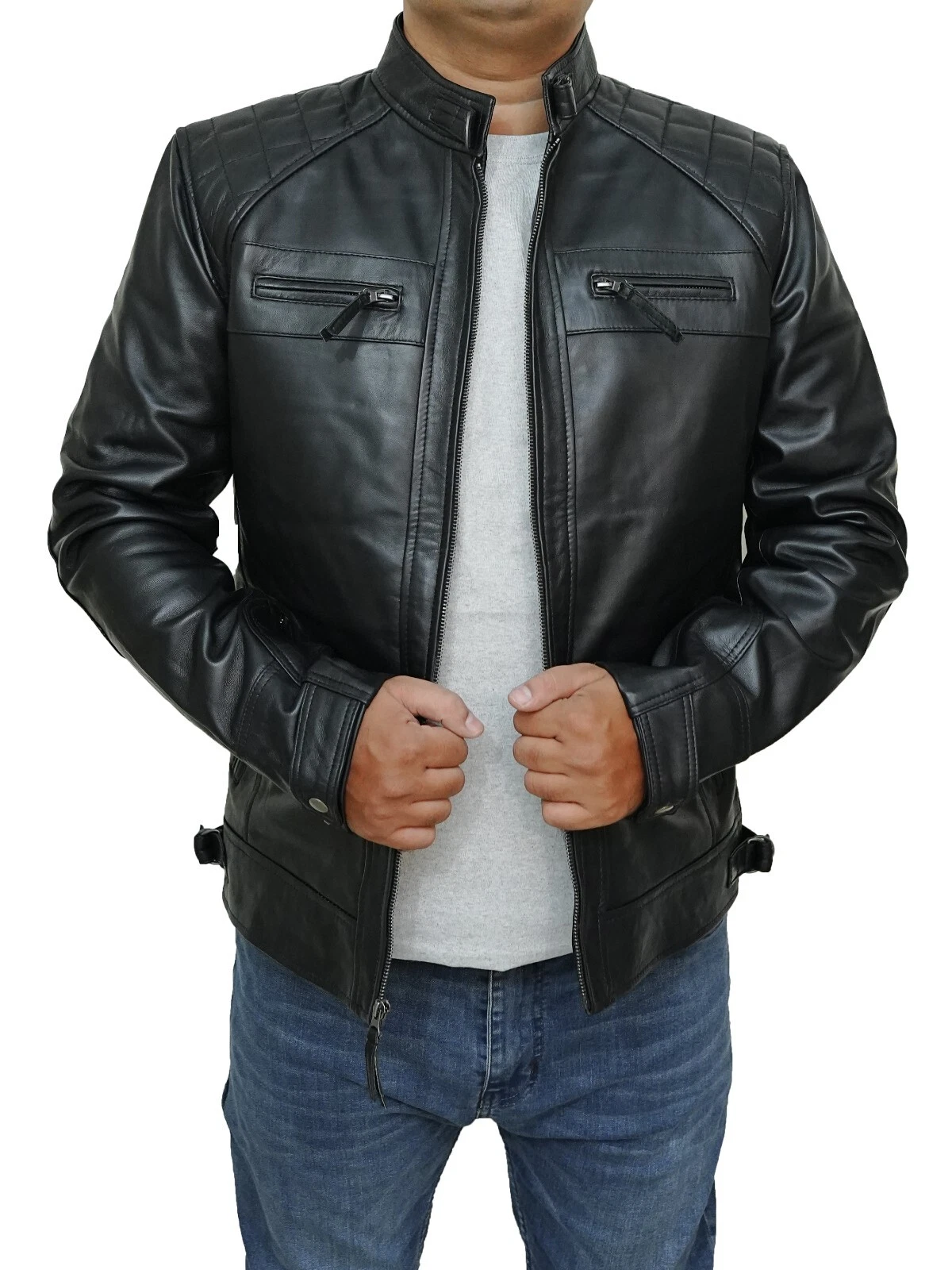 Men's New Stylish Fit Moto Biker Car Racer Real Lambskin Black Leather Jacket
