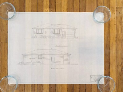 5 Architectural Hand Drawings Exterior Interior  23.75''x18'' Estate Find 