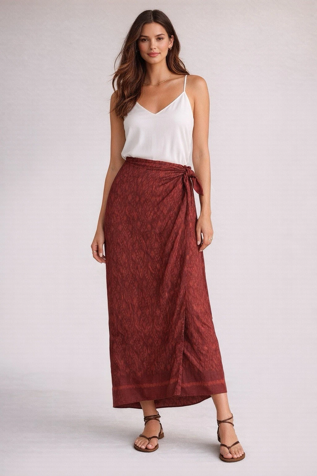Lauren Ralph Lauren Size 10P Southwestern Print Silk Linen Midi Red Wrap Skirt