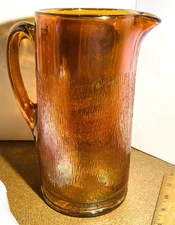 Antique Indiana Glass Iridized RUBIGOLD Marigold Carnival Tree Bark Pitcher read