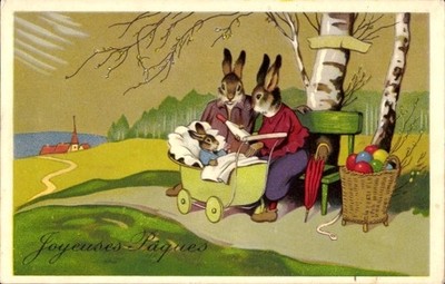 Ak Glückwunsch Ostern, Vermenschlichte Hasen, Kinderwagen, Ostereier - 4346154