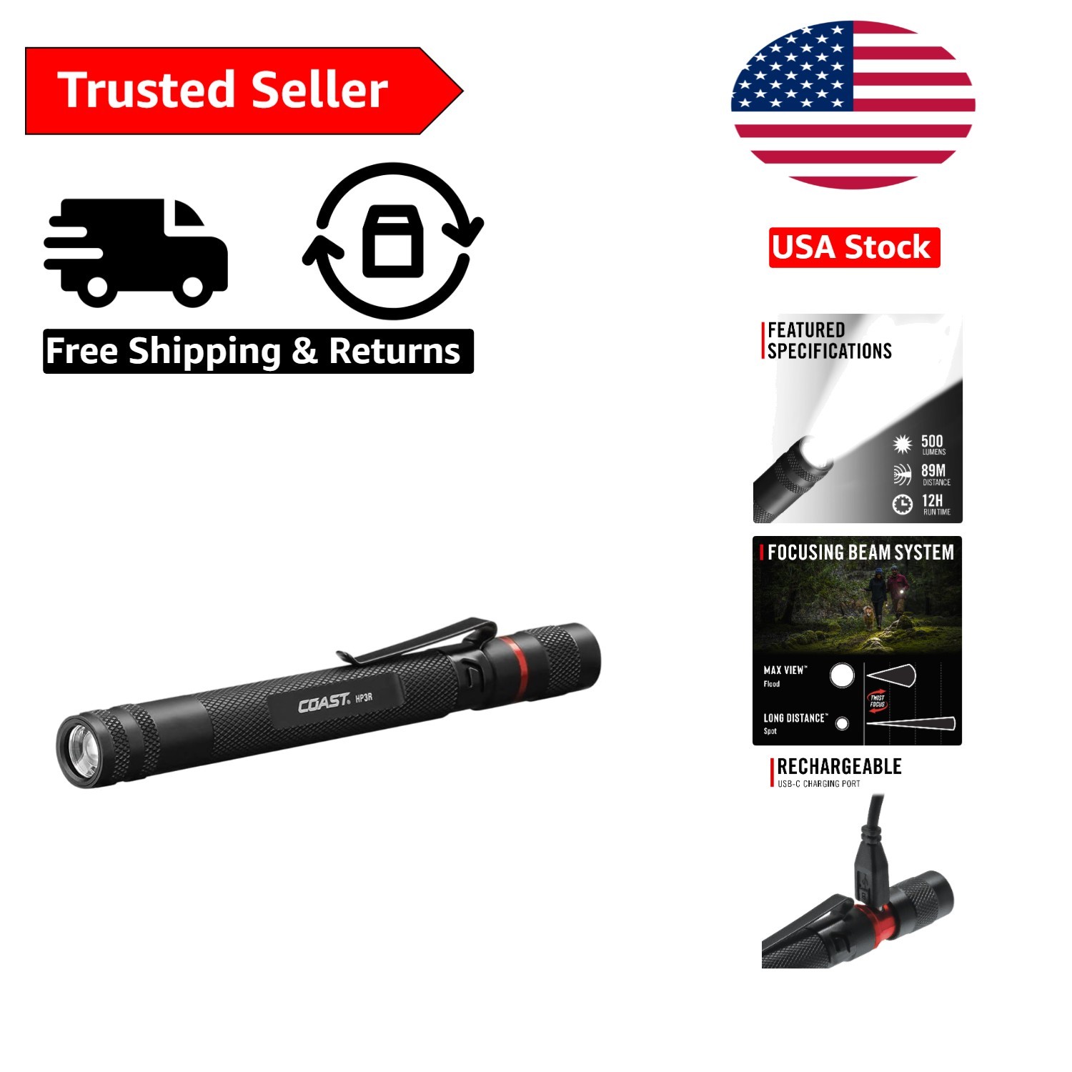 500 Lumen Rechargeable LED Penlight with Twist Focus - Lightweight, Black Finish