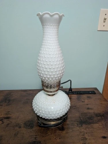 Vintage Milk Glass HOBNAIL Hurricane "Oil Lamp Style" Electric Table Lamp 16"