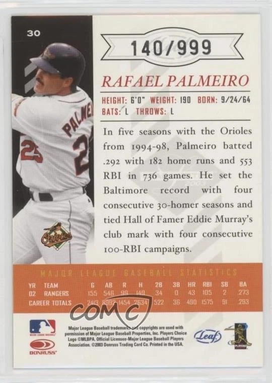 2003 Leaf Limited /999 Rafael Palmeiro #30 - Image 2 of 2