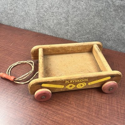 Vintage Playskool Wood Wagon Pull Toy Red Wheels Block Or Doll Wagon
