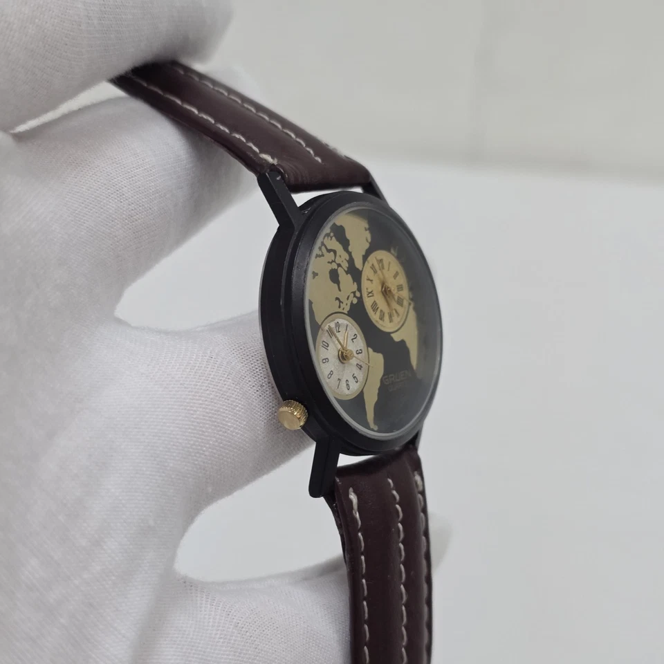 Винтажные кварцевые мужские часы GRUEN DUAL TIME 299-2035 циферблат карта мира НОВЫЙ АККУМУЛЯТОР - Изображение 4 из 4