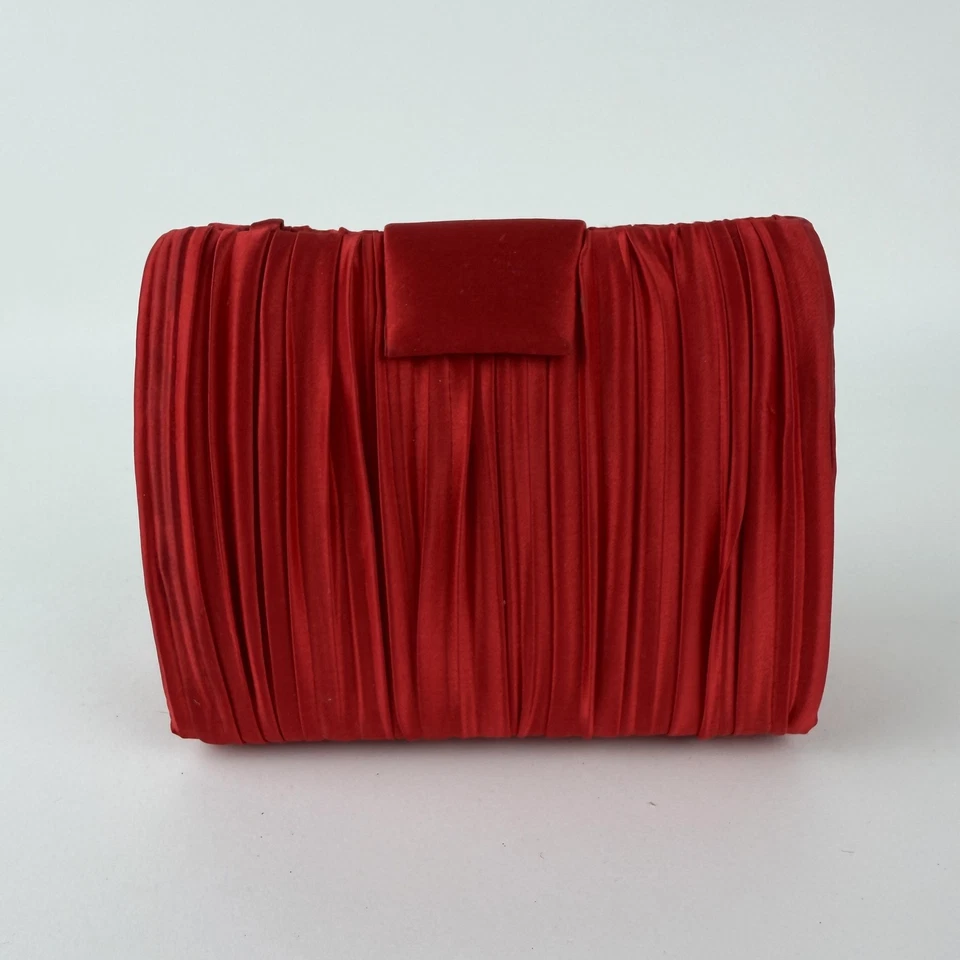 VTG Red Pleated Satin Evening Clutch Bag Womens Gold Chain Rhinestone Brooch - Image 2 of 4