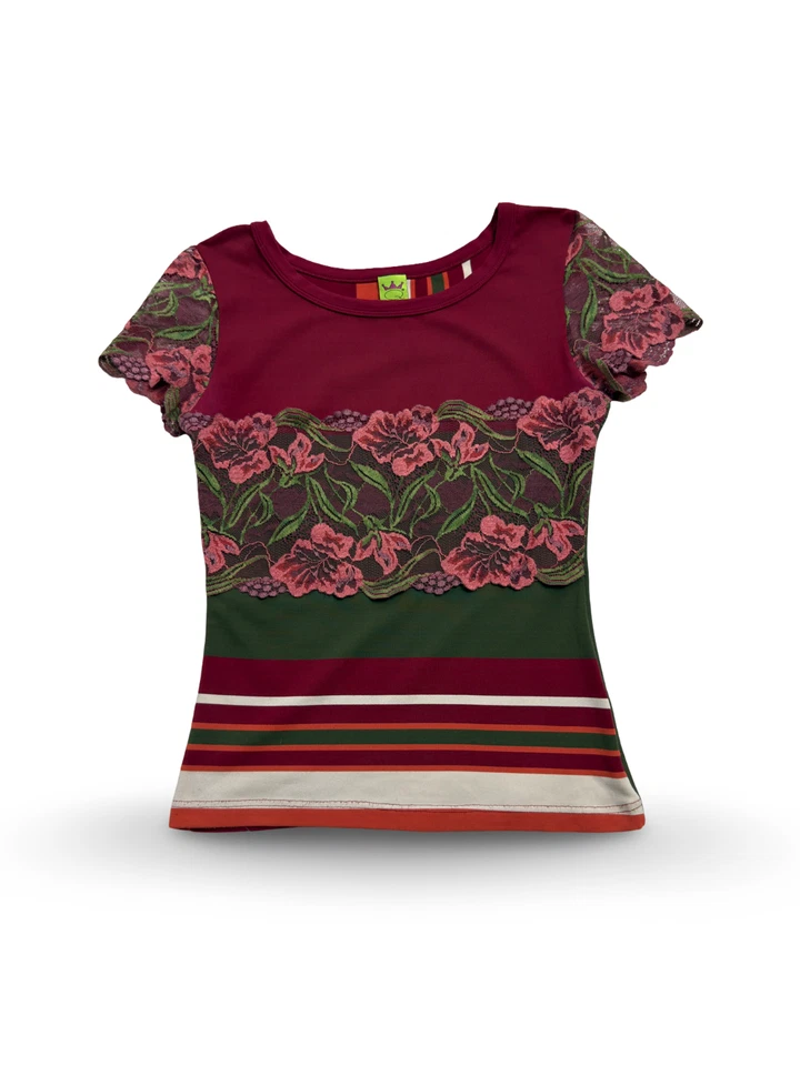 Save The Queen Striped T Shirt Lace Floral Top Size S - Image 3 of 4