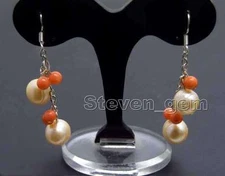 Big 10-11mm Pink Potato Natural FW Pearl & 5-6mm Pink Coral dangle Earring-ea554