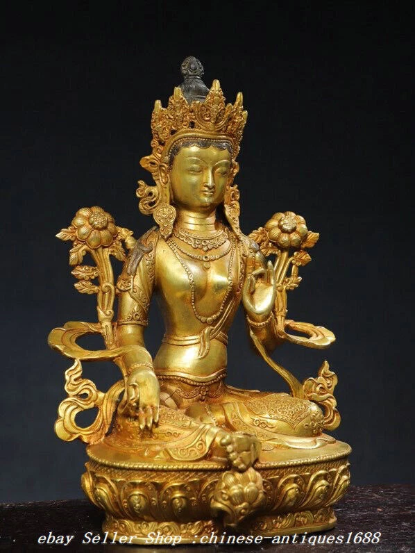 12.5'' Old Tibet Bronze Gilt Green Tara Mahayana Buddhism Goddess Buddha Statue - Изображение 3 из 4