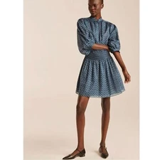 Rebecca Taylor Ikat Shirt Dress Women’s Size S Indigo Combo Smocked Fit & Flare