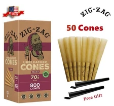 Zig-Zag® Unbleached Paper Cones 70mm Minis Size 50 Pack & Free 2 Tubes
