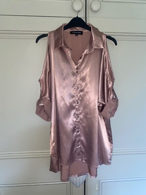 PARISIAN Satin Cold Shoulder Button Up Top Blouse Shirt Size 10 Taupe Pink