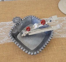 Mud Pie 2009 Pewter Relish Serving Trinket Dish, Upcycled Napkin Holder w/Tongs