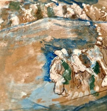 Outsider Art Watercolor Painting on Cardboard 16" Surreal Landscape Figures MCM