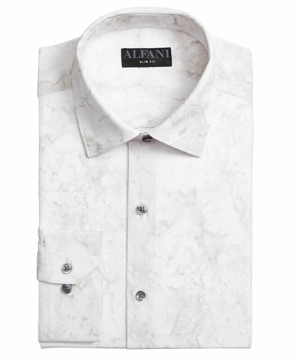 Alfani Mens Slim-Fit Marble Print Dress Shirt White 16-16.5, Men's