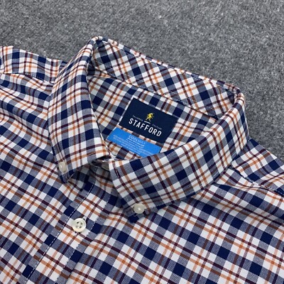 Stafford Shirt XL 17-17.5 32-33 Regular Fit Blue Orange Check Coolmax LongSleeve