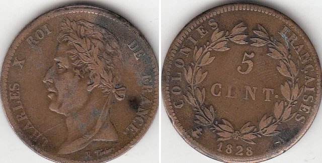 Monnaie 5 Centimes en bronze des Colonies Française Charles X 1828 A - Photo 1/1