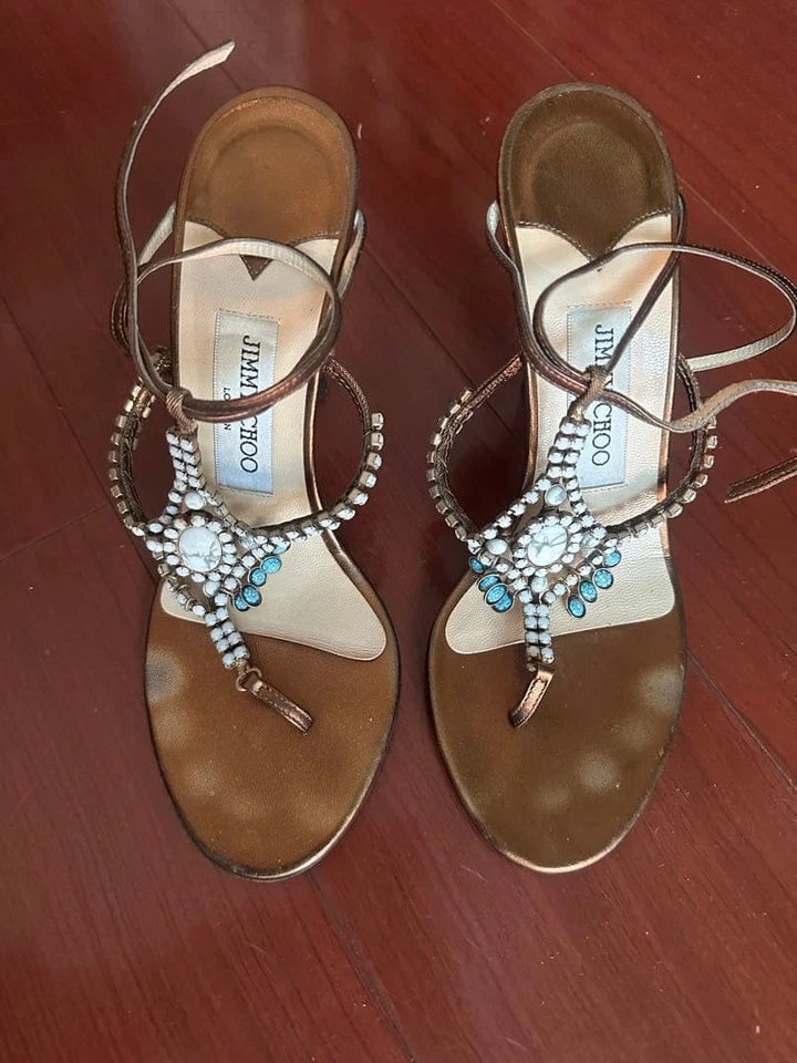 JIMMY CHOO Sandales Mules À Talons En Cuir Et Bijou Femmes Taille 38 Marron - Photo 1/4