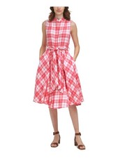 CALVIN KLEIN Womens Pink Cotton Belted Button Front Plaid Stand Collar Dress 2