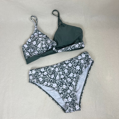 Girls 15-16Y Green Floral High Waisted Bikini Set 2 Piece Adjustable Straps