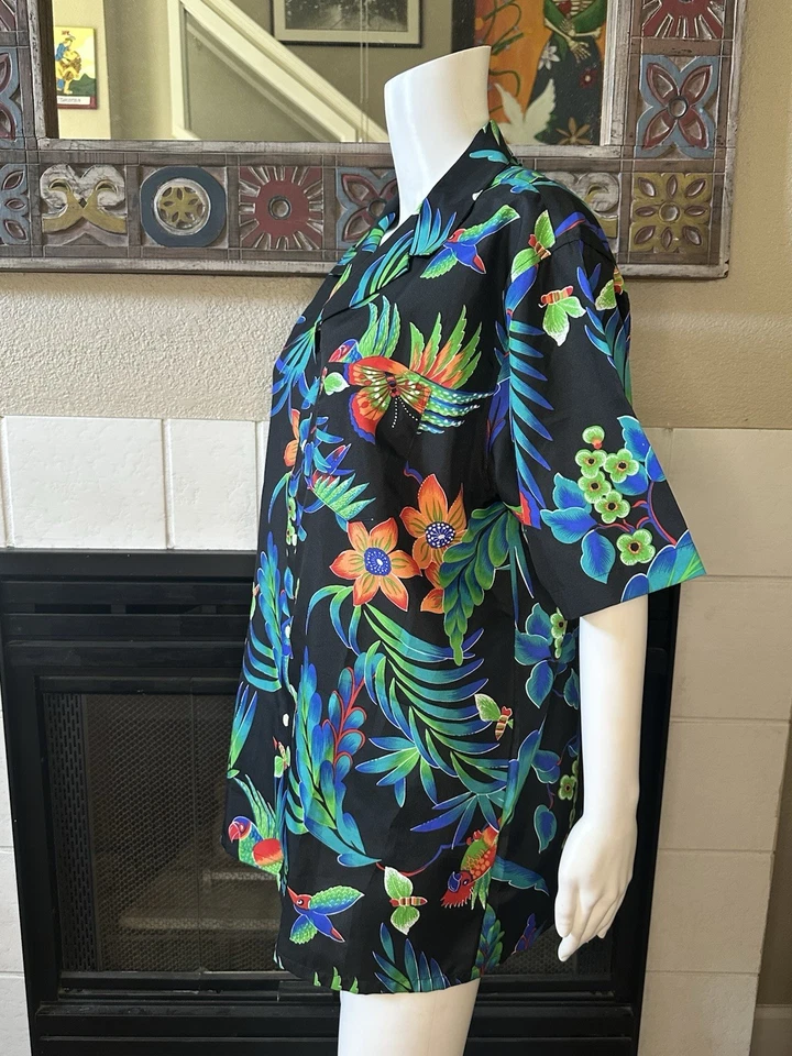 Camisa masculina Michael Richards grande preta floral tropical manga curta com botões - Imagem 3 de 4