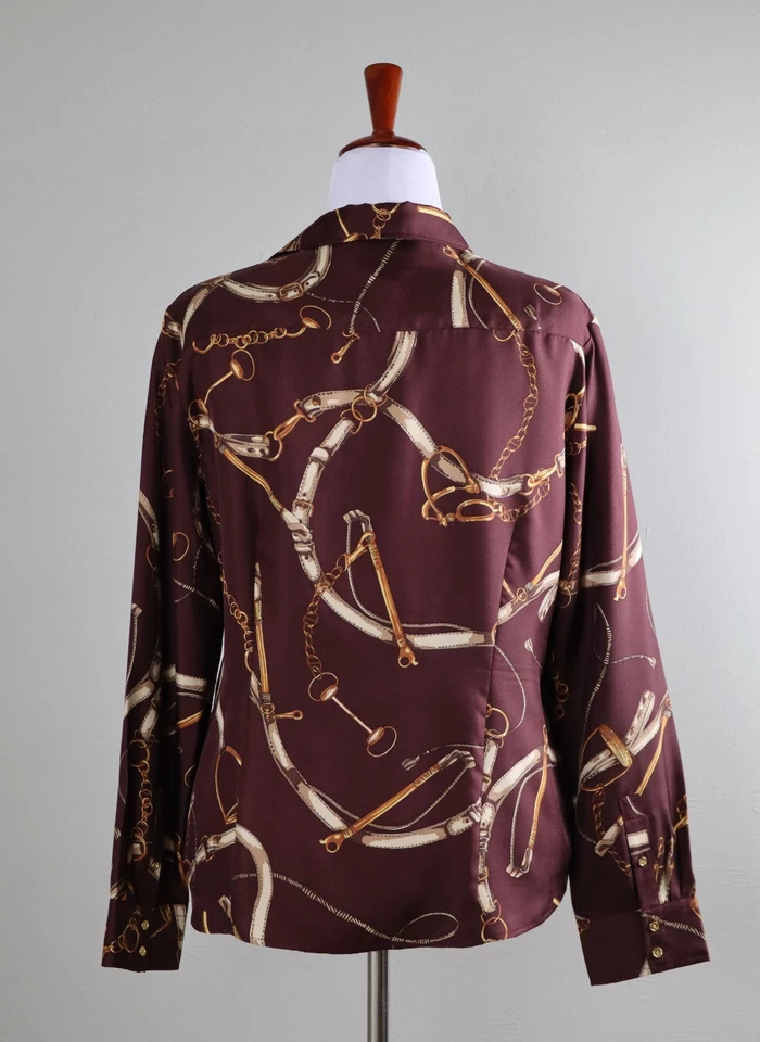 Camisa Top TALBOTS $148 Marrón Satinado 100% Seda Ecuestre Abotonada Talla 14 Foto 4 de 4