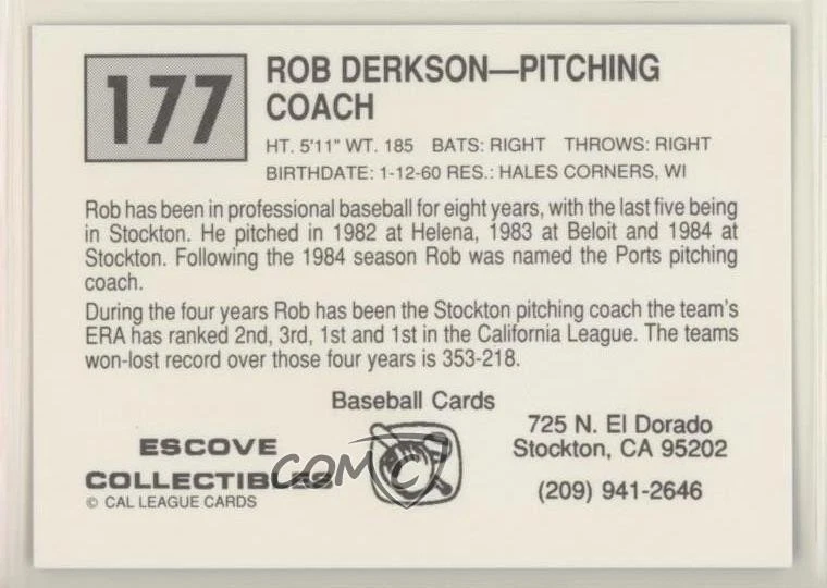 1989 Cal League California League Rob Derksen #177 - Image 2 of 2