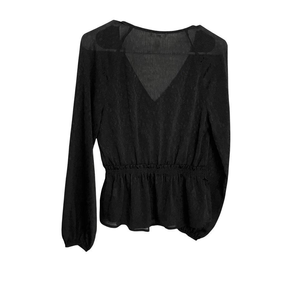 Leith Faux Wrap Blouse Top Womens S Black Crepe Peplum V Neck Raglan Long Sleeve - Image 3 of 4
