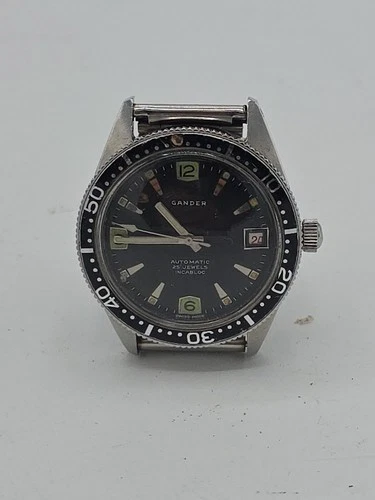 GANDER 25 JEWELS INCABLOC SKIN DIVER STAINLESS STEEL AUTOMATIC VINTAGE