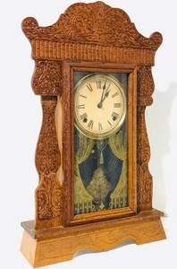 Antique Gilbert Kitchen Clock Shelf Mantel Oak Original Back