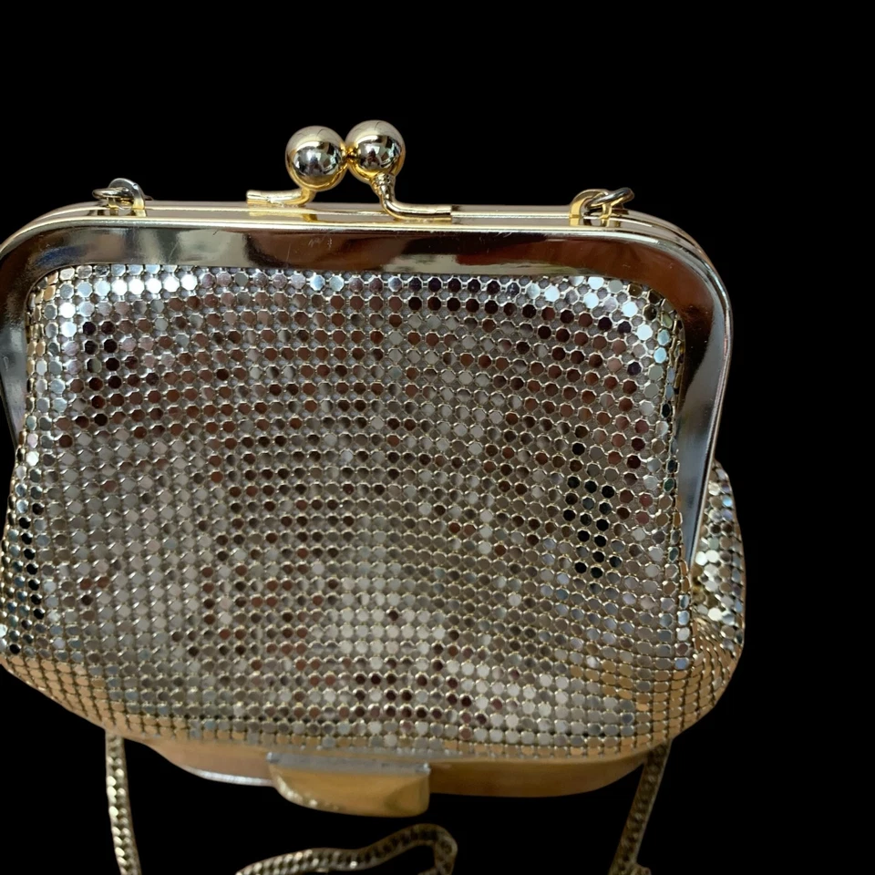 Cartera vintage de malla dorada Whiting and Davis parte inferior de cuero 2 compartimentos espejo Foto 4 de 4