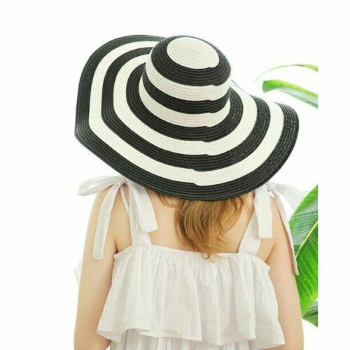 Summer Anti-UV Wide Brim Straw Hat Women Beach Floppy Striped Outdoor Cap - Picture 12 of 28