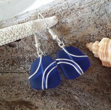 Hawaiian Jewelry Sea Glass Earrings, Wire Cobalt Blue Earrings, Unique Beach