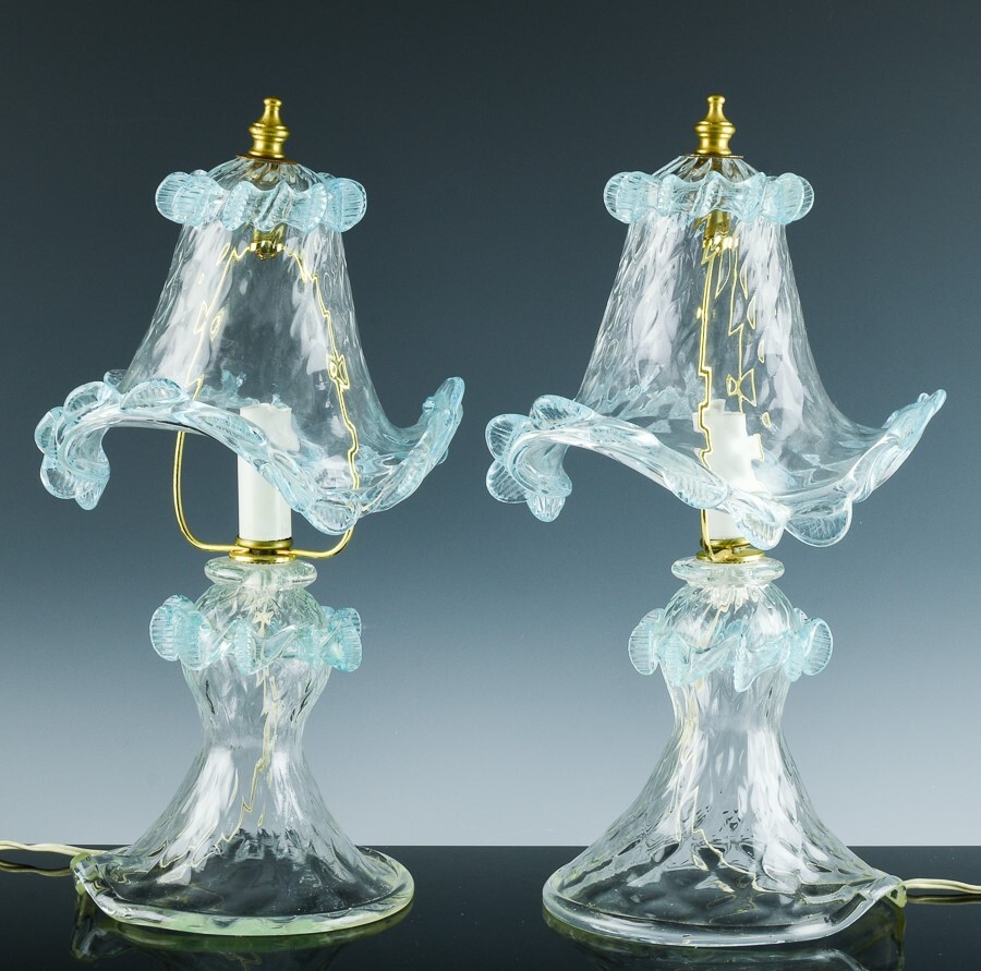 WONDERFUL PAIR VINTAGE MURANO ITALIAN LIGHT BLUE ART GLASS BEDSIDE