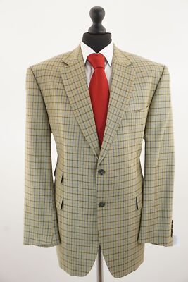 Atelier Torino Sakko 28 beige blau kariert Einreiher 2-Knopf + Seide Neu D461