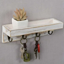 Vintage Whitewashed Wood Wall Mounted Entryway Storage Shelf with 4 Key Hooks
