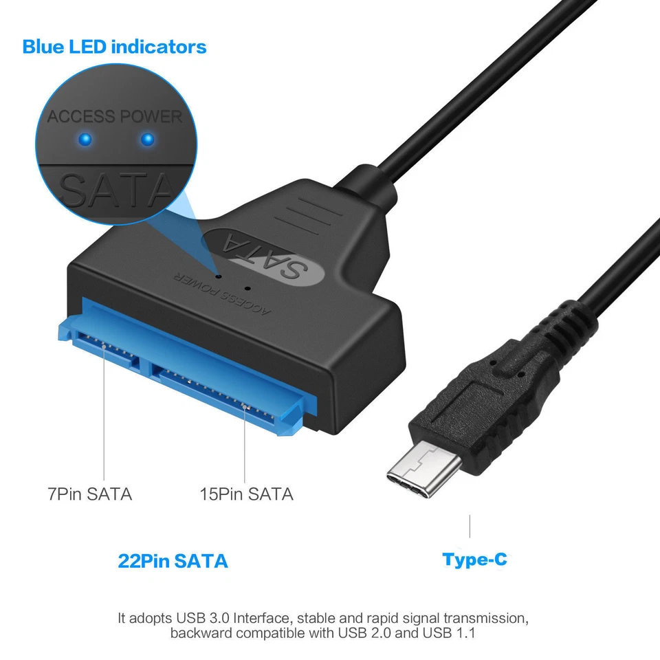 USB 3.1 Type C to SATA III HDD SSD 2.5" Hard Drive Adapter Cable 22-Pin UASP - Image 3 of 4